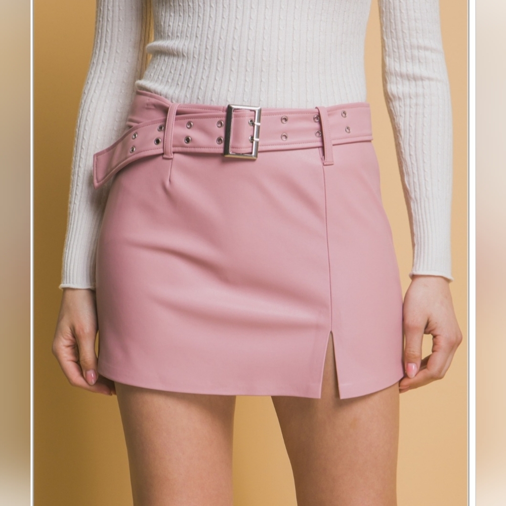 Pink Vegan Leather Mini Skirt with Matching Adjustable Belt